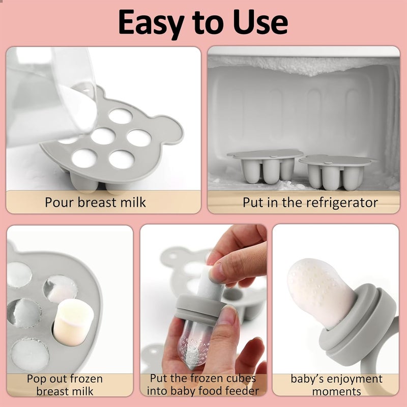 JEXFUN Baby Fruit Food Feeder & Mini Freezer Nibble Tray Combo, Breastmilk Popsicle Molds for Baby Cooling Relief, BPA Free Silicone Feeder for Safe Infant Self Feeding, 4 Month+ (Light Grey) - Image 3